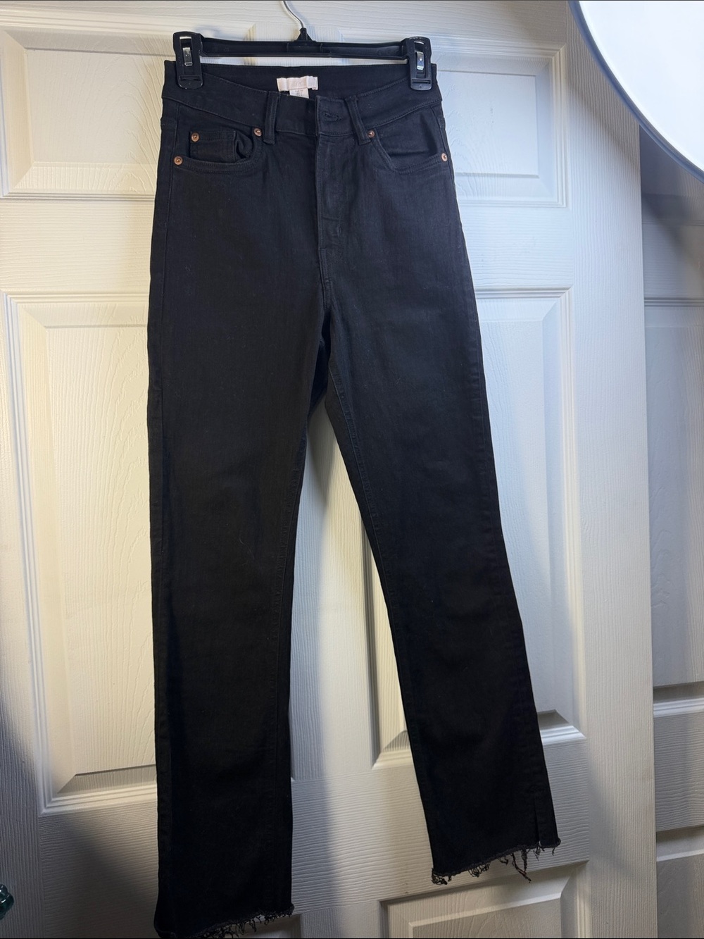 H&M Black High Rise Straight Leg Jeans Raw Hem Size 4